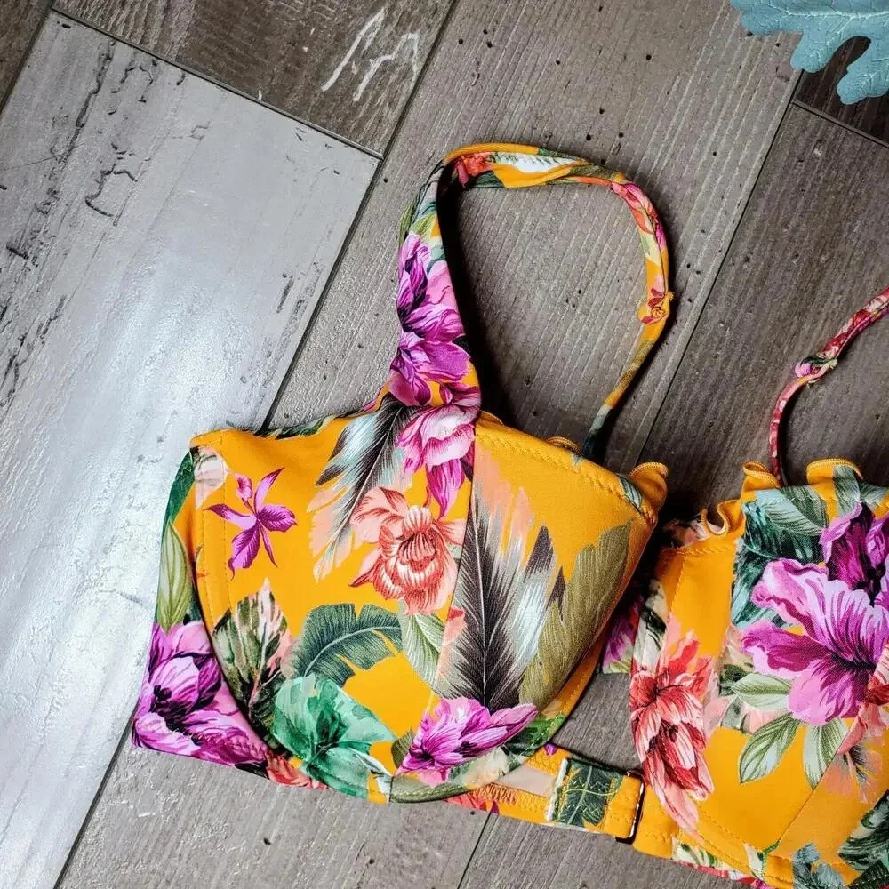 NWT Shade & Shore Women's Ruffle Underwire Bikini Top 36B Orange Green Floral